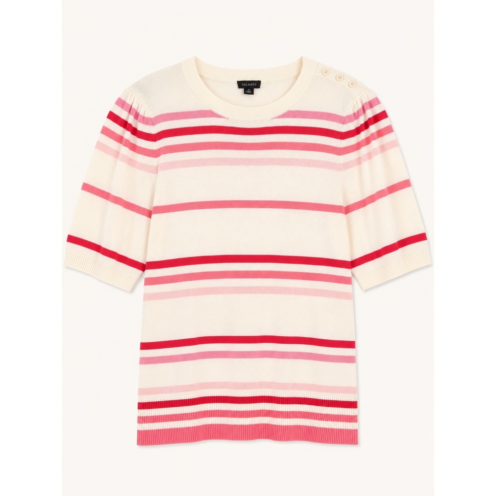 Talbots Striped Sweater XL white Pink‎ Red Button Shoulder Puff Sleeve Prep